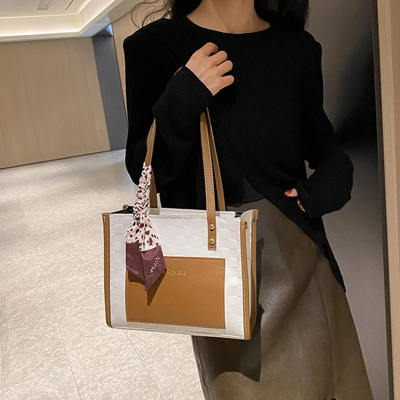 Patchwork Contrast Color Handbag Women's Casual Fashion Tote Bag Large Capacity Single Shoulder Bag Women's Silk Scarf Bag