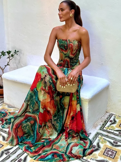 Pleated Waist Strapless Dress Women's New Printed Colorful Long Gown Elegant Fashionable Summer Vacation Party Robe 2025