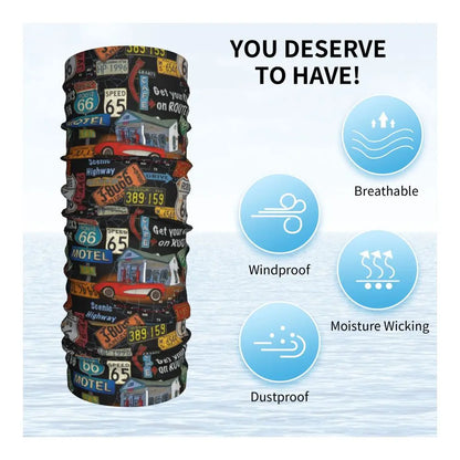 Custom Travel Motorcycle Ride Route 66 Bandana Winter Neck Warmer Windproof Wrap Face Scarf for Hiking Highways Gaiter Headband