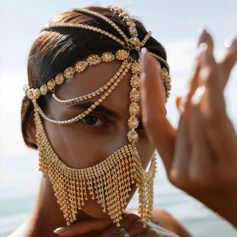 Charms Sexy Rhinestone Tassel Masquerade Face Jewelry For Women Facial Accessories Banquet Party Mask Full Face Chain Decoration