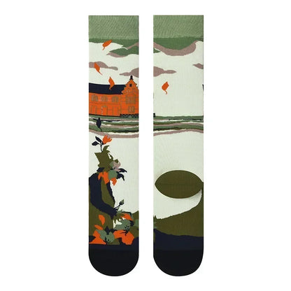 Socks Women's High Tube Calf Knee-length Socks Retro Illustration Art Abstract Street Autumn and Winter Cotton Socks High Sock