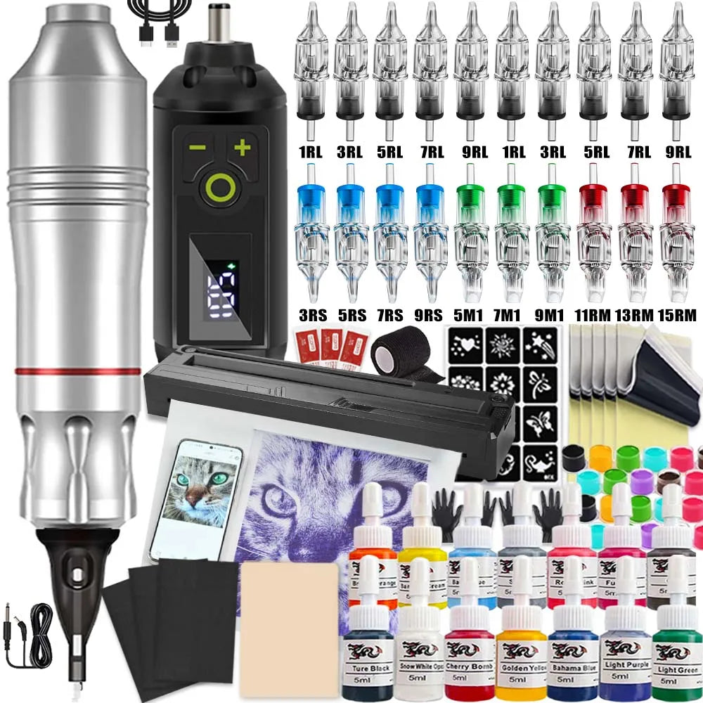 Tattoo Machine Kit Professional Tattoo Kit with Tattoo Transfer Machine Printer or Not Wireless Tattoo Power Supply Beginner Set