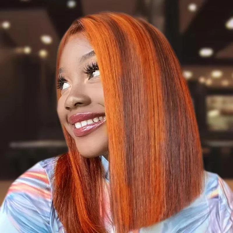 13x4 Straight Lace Front Bob Wig 100% Human Hair Wigs Ginger Orange Silky 200% Density Highlight Orange Color P4-350 Pre Plucked