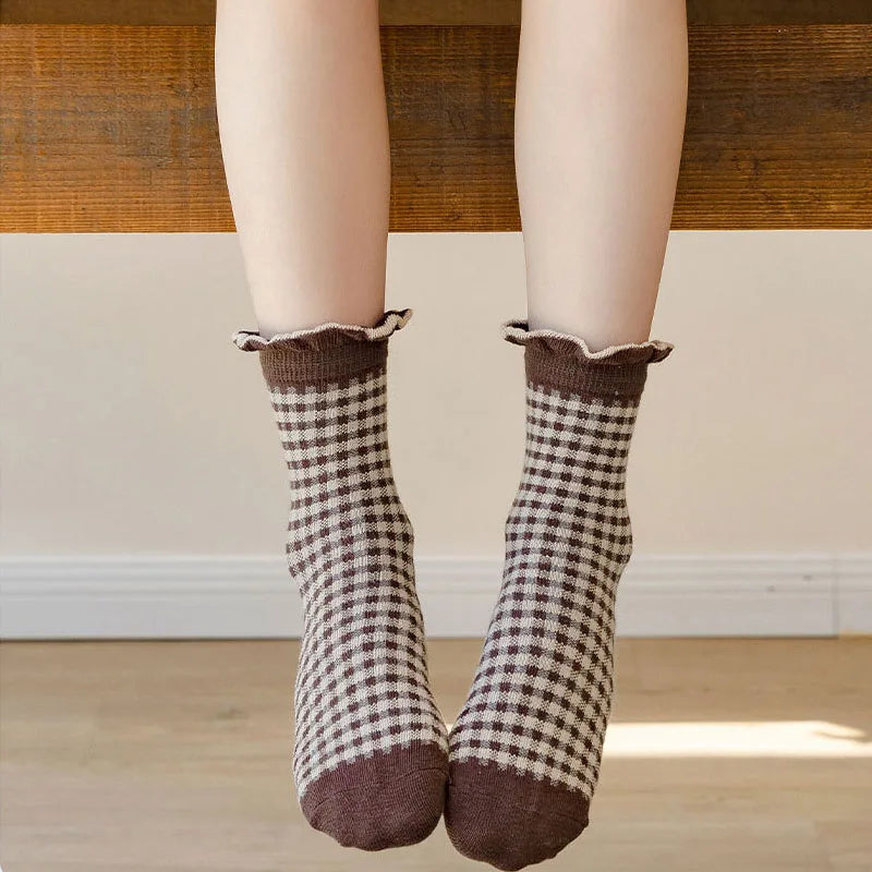 Auutumn Winter Girls Socks Retro Maillard Color Ruffle Socks Children's Calf Socks Cotton Socks  5 Pairs