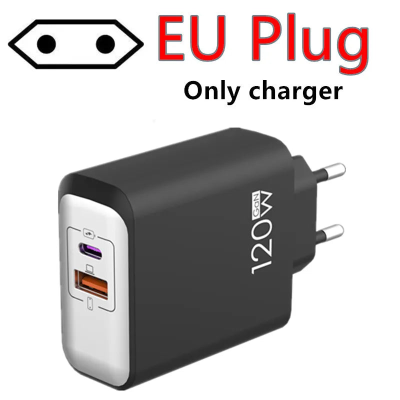 120W PD Fast Charger Type C Quick Charge USB C Wall Charger Adapter For iPhone 17 16 15 Samsung Xiaomi OPPO 2-in-1 Data Cable﻿﻿