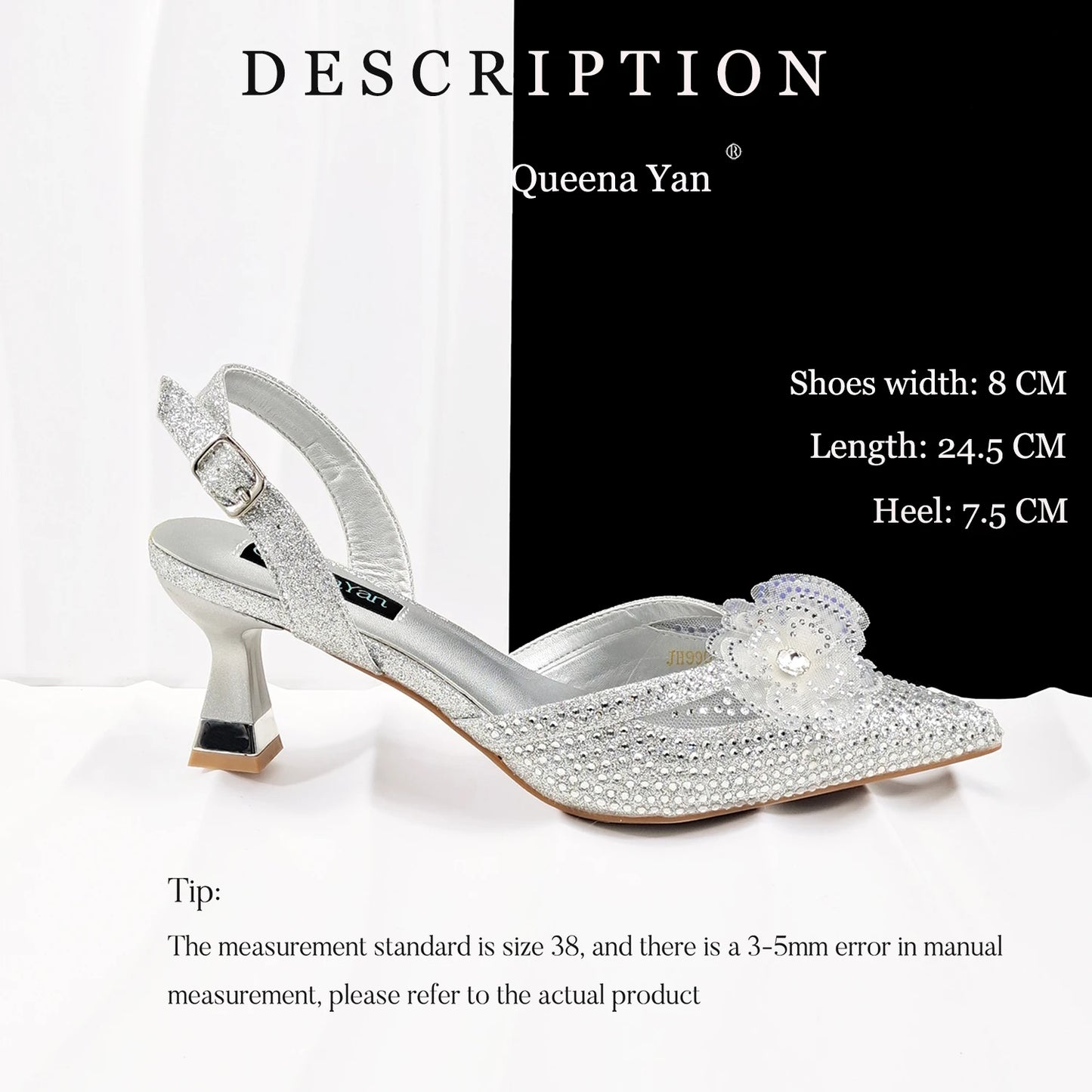 QueenaYan 2026 Elegant Silver Pointed-Toe High Heels Shoes with Diamond Accents & Matching Bag - Ideal for Party Elegance