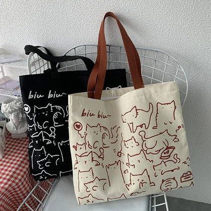 Canvas Bag Womens Handbag Shopping Bag Cute Cat Zipper Handbag Designer Bag Japanese Style Cartoon Small Shoulder Bag