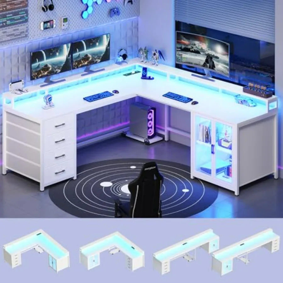 L Shaped Gaming Desk with 4 Drawers 109 Computer Desk with Display Cabinet White Home Office Desks with 2 Monitor Stands CPU St