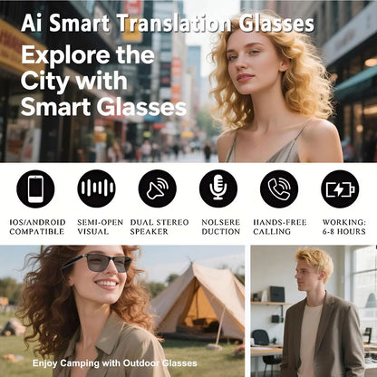 AI smart translation glasses, supporting real-time app translation in 164 languages, photochromic lenses, and flat gray lenses.