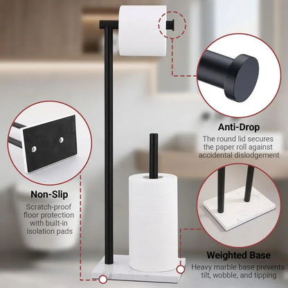 Free Standing Toilet Paper Holder Stand with Reserve Heavyweight Marble Base amp Matte Black Stainless Steel Bathroom Tissue Rol