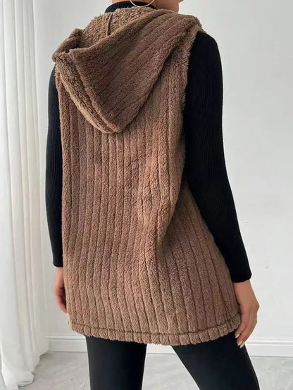 VigoCasey 2025 Autumn Winter Brown Long Thick Vest Coat Woman Sleeveless Plush Warm Waistcoat Lady Hooded Casual Vest Jacket