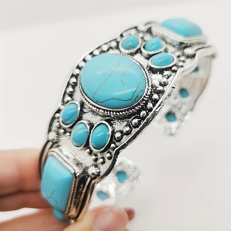 Women's Vintage Bohemian Jewelry Cuff Bracelet with Faux Turquoise Opening Adjustable Bracelet Holiday Party Accessories