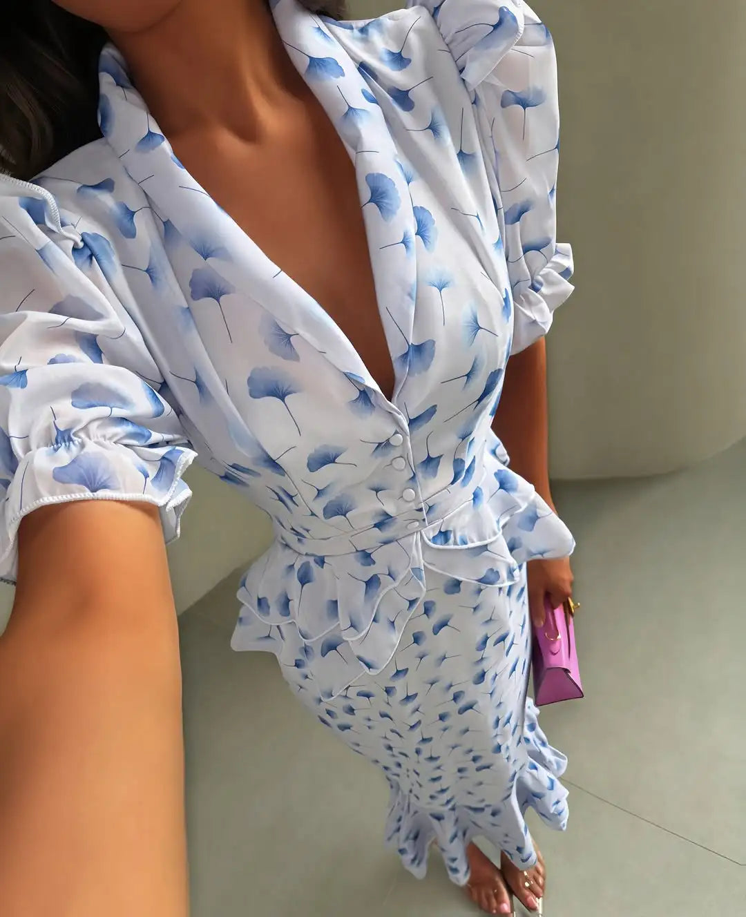 Printed V-neck Waist Cinched Pleated Dress Lapel Short Sleeve High Waisted Maxi Dresses Elegant Women's Summer New Vestidos