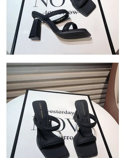 High-Heeled Shoes Lady Square heel'    Luxury Slides Block 2025 Summer Soft Designer Flat Rubber Fabr