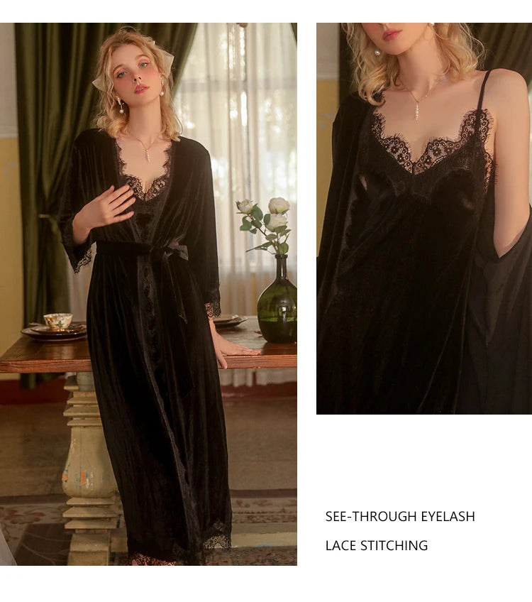 REBEYULI Brand Sexy Sleepwear Women 2026 Autumn Lace Sweet Solid Night Dress Long Soft Comfortable Velvet Robe Gown Sets Women