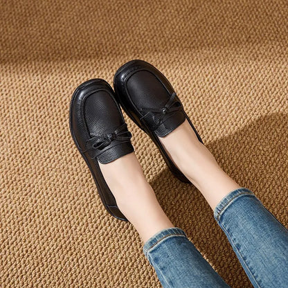AIYUQI Women Bow Genuine Leather Loafers Slip‑on Platform Women Flat Shoes Mother Shoes Ladies Casual Walking Moccasins