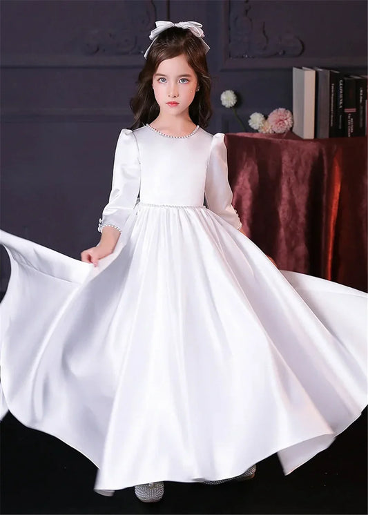 Lovely White Satin Flower Girl Dress for Wedding Dresses Little Princess Bow Kids Birthday Party Evening Customise Gowns