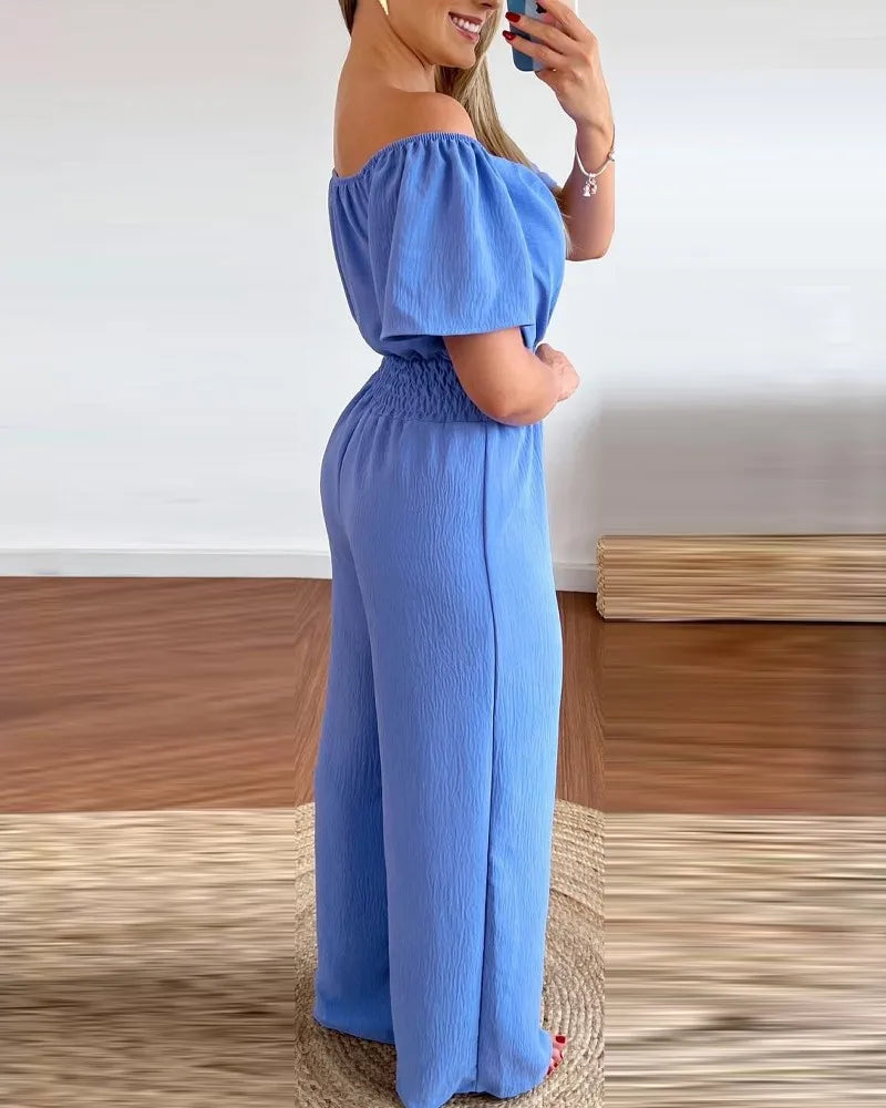 Summer New Women Sexy One Line Shoulder Solid Color Short Sleeve Jumpsuit Slim Elastic Waist Loose Straight Female Long Jumpsuit