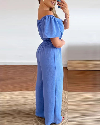 Summer New Women Sexy One Line Shoulder Solid Color Short Sleeve Jumpsuit Slim Elastic Waist Loose Straight Female Long Jumpsuit