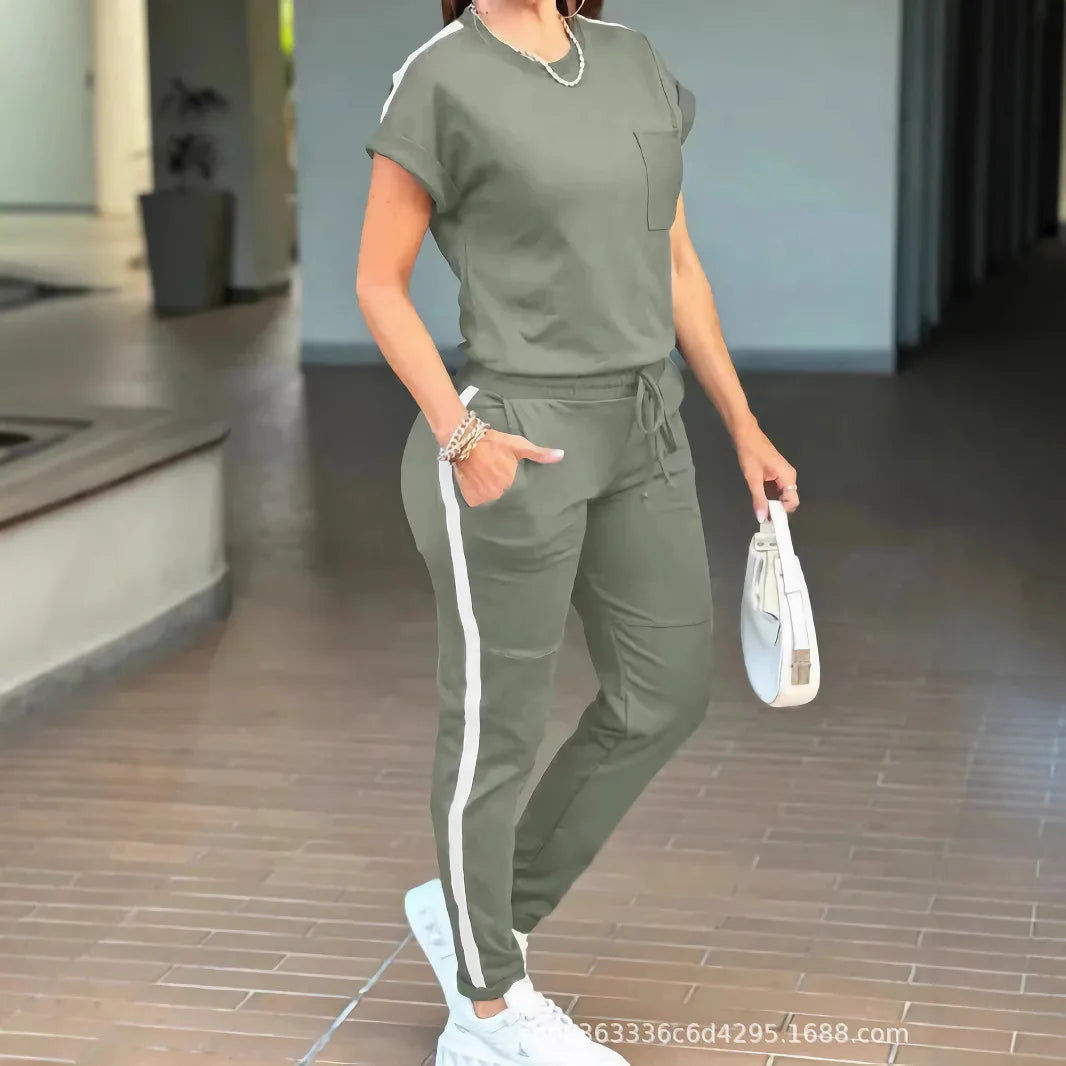 2026 New Spring Summer Fashion Sports Suit Women's Round Neck Short Sleeve Pocket Solid Color Top Sports Trousers Two-piece Suit
