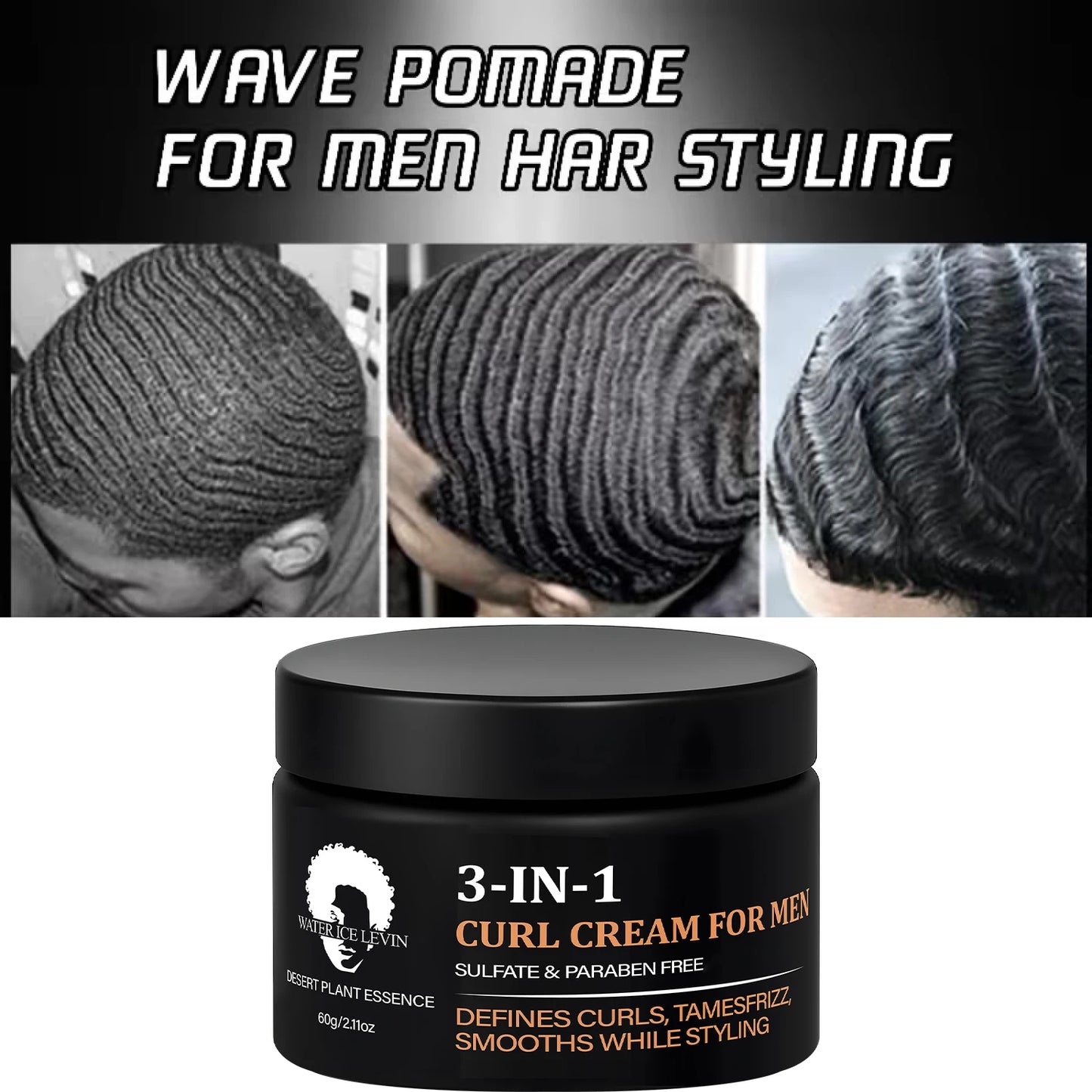 Men's 3-IN-1 Curl Cream with Coconut Oil & Collagen Defines Curls Tames Frizz Smoothes Styling Sulfate Free 60g