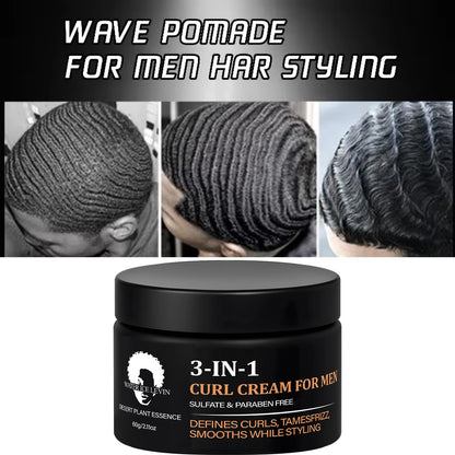 Men's 3-IN-1 Curl Cream with Coconut Oil & Collagen Defines Curls Tames Frizz Smoothes Styling Sulfate Free 60g