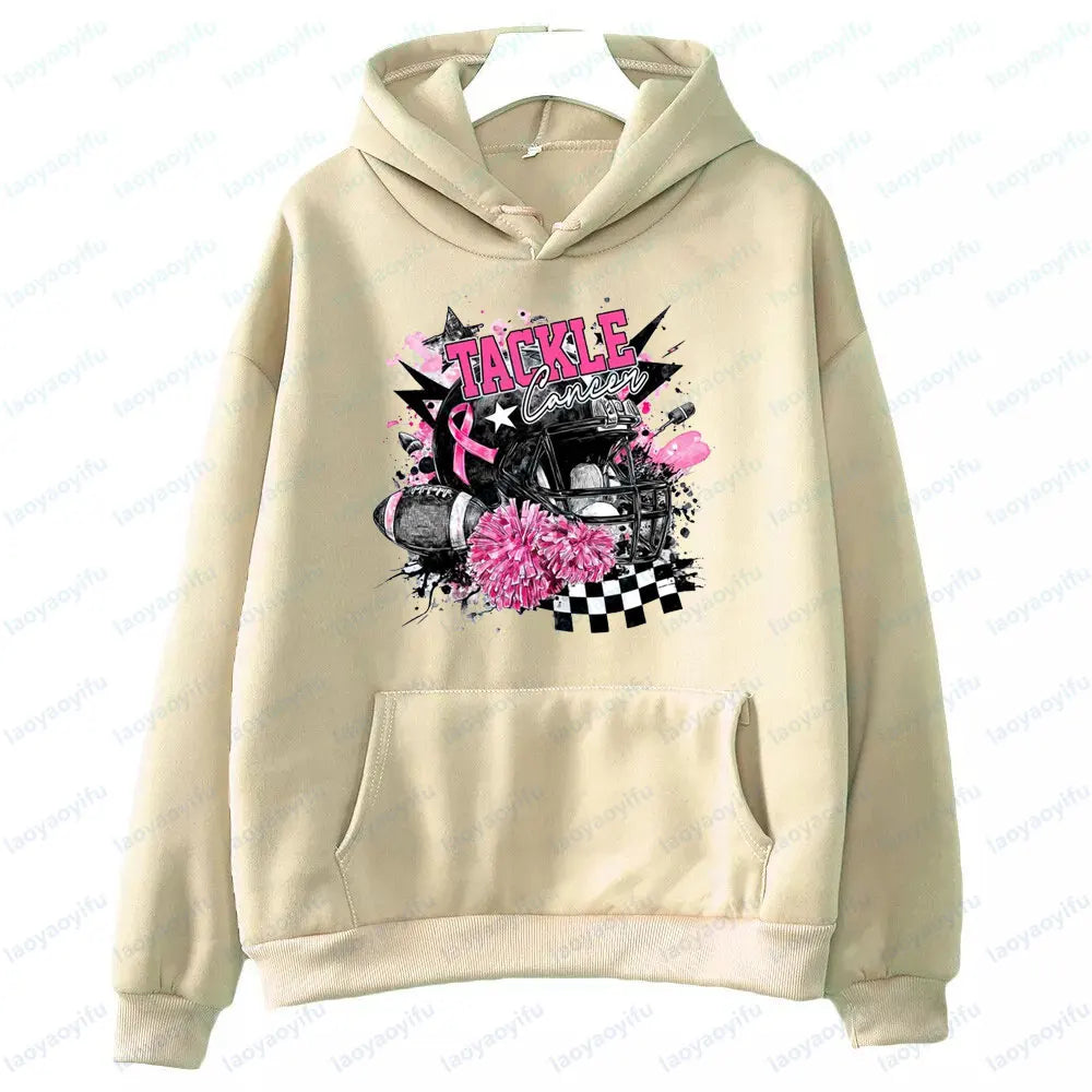 Football Tackle Cancer Sportswear Breast Cancer Awareness Tops Pink Out Cancer Preppy Game Day Clothing Pink Ribbon Women Hoodie