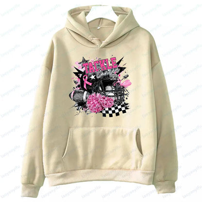 Football Tackle Cancer Sportswear Breast Cancer Awareness Tops Pink Out Cancer Preppy Game Day Clothing Pink Ribbon Women Hoodie