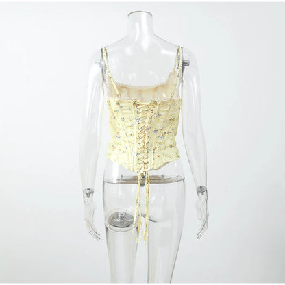 Yellow Flora Printed Corset Top Women Sexy Sleeveless Fishbone Bodycon Spaghetti Strap Lace Up Tops 2026 Lady Summer Party Vest