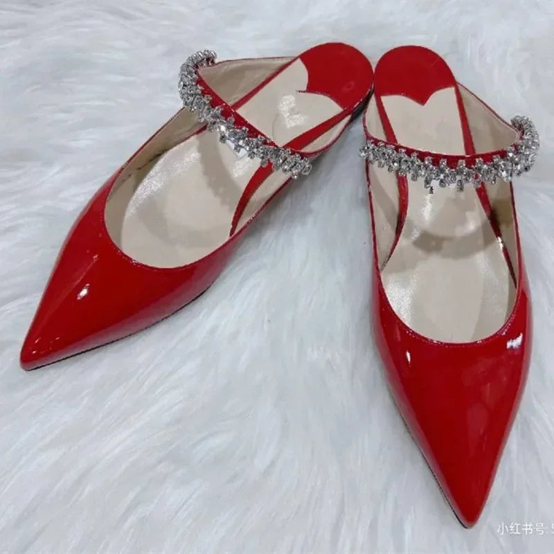 2025 New Fashionable Fine Heeled Muller Shoes with Pointed Water Diamond Chain Banquet Shallow Mouth Women's High Heel Sandals