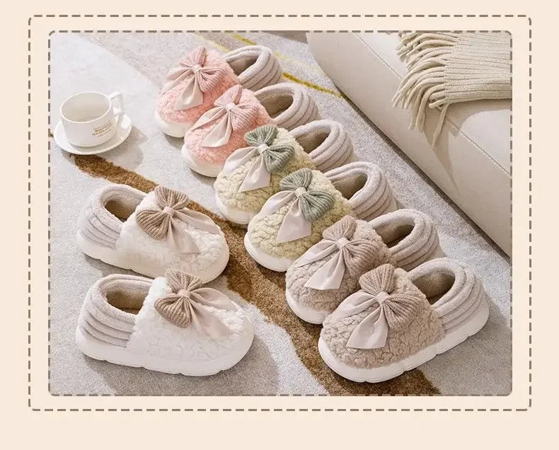 Thick Soled Non Slip Home Plush Slippers 2025 New Cotton Slippers for Women Bow Slippers for Autumn and Winter Warm for Women