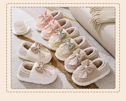 Thick Soled Non Slip Home Plush Slippers 2025 New Cotton Slippers for Women Bow Slippers for Autumn and Winter Warm for Women