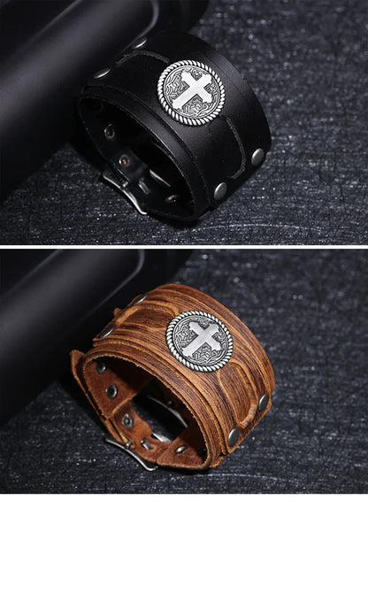 Kirykle Fashion Cross Stud Spikes Rivet Bracelet for Man Adjustable Leather Wristband Bangle Cuff Wide Cuff Punk  Jewelry Gift