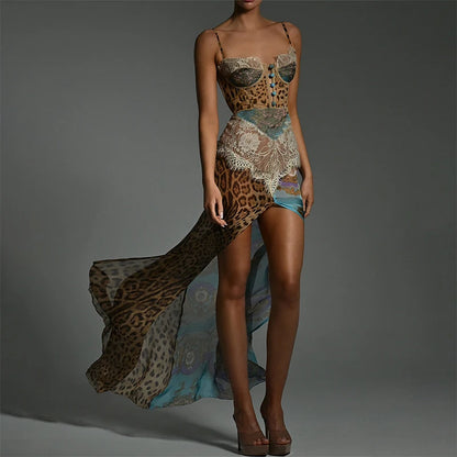 Leopard Printed Patchwork Lace Dress Women's Irregular See Though Button Sling Vestidos Sexy Summer Beach Party Gowns New