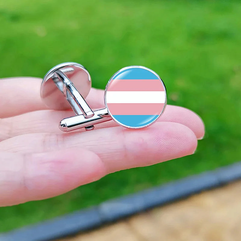 Lesbian Gay Pride Cufflinks for Fans LGBT Creative Rainbow Flag Glass Gem Charm Shirt Decoration Cuff Buttons