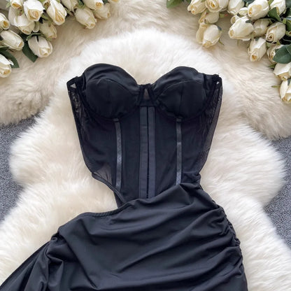 Foamlina  American Sexy Hollowed-out Waist Tube Top Dress for Women's Pleated Waist Hip-wrapped Streamer Girl's Short Dress