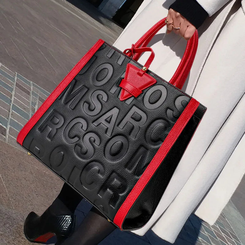 Genuine leather letter printed women's handbag new large capacity contrasting leather crossbody bag