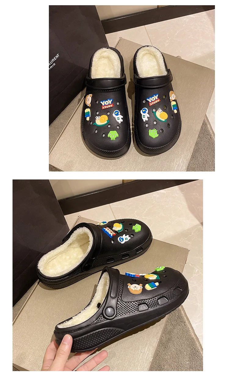 Winter Women Slippers Platform Clogs Warm Furry Slippers Fur Indoor Home Cotton Shoes Female Fluffy Slides Plush Slippers