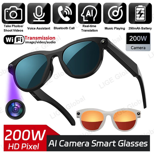LIGE 2MP HD Camera Smart Glasses 720P Video Recording 290mAh Battery AI Recognition Translation Voice Control BT Call Sunglasses