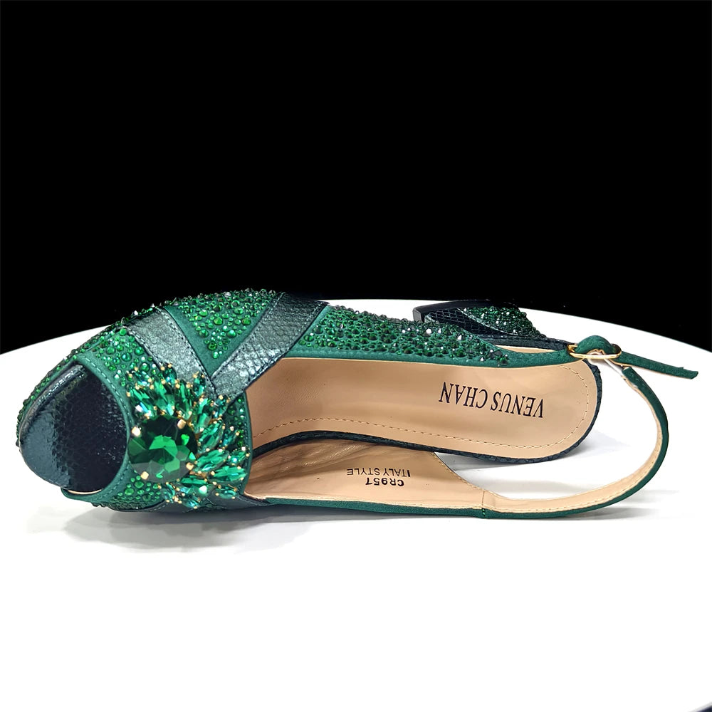 2025 Elegant Green Peep-Toe Heel Pumps for Women with Diamond Accents - Italian Matching Shoes and Bags Set for Parties