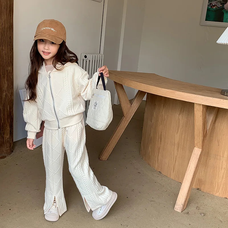 Flared Pants Childrens Set Girls Autumn New Korean Short Knitting Long Sleeved Tops Forking Two Piece Tide Hooded