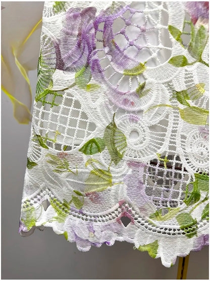 Womens Summer Hollow Embroidery Dress Short Sleeve Beaded Applique Lace Midi Dress Casual Elegant Chic Summer Party Wear