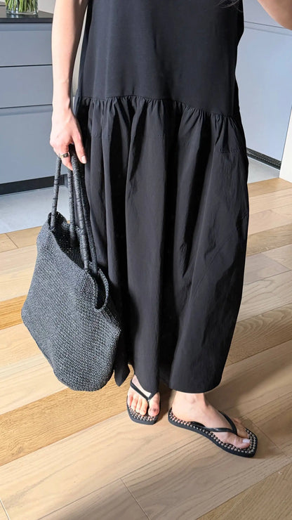 FSLE Women's Minimalist Commute Sleeveless Crew Neck Slim Fit Tank Dress 2026 Summer New Arrival Elegant Black Long Daily Dress