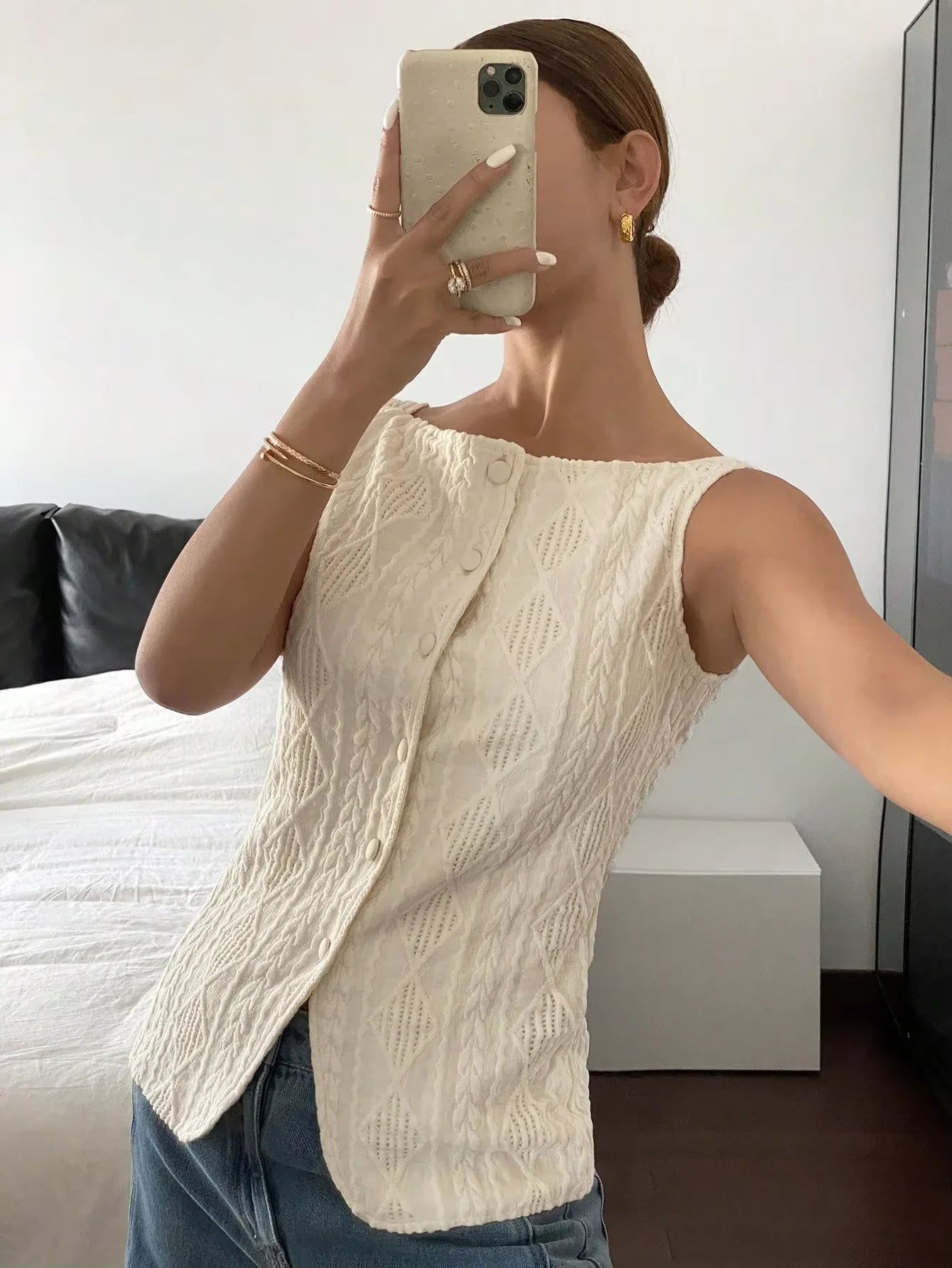 Women's summer sleeveless geometric texture single breasted casual shirt