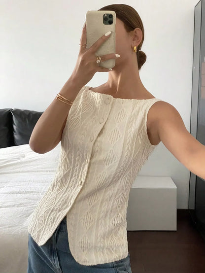 Women's summer sleeveless geometric texture single breasted casual shirt