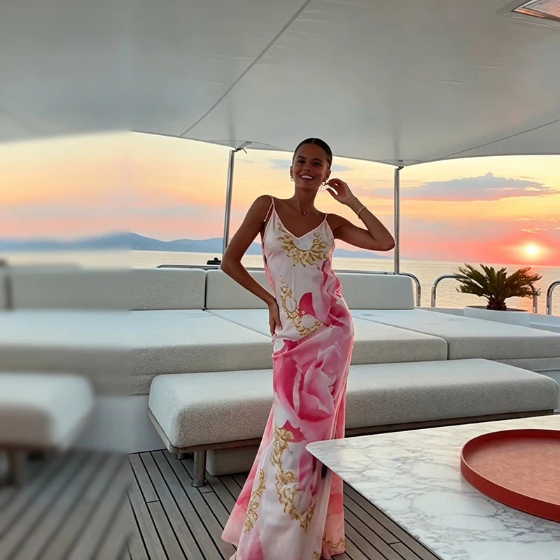 Sexy Sling Women's Maxi Dress V-neck Backless Floral Print Sleeveless Long Skirt 2026 NEW Summer Beach Vacation Party Vestido