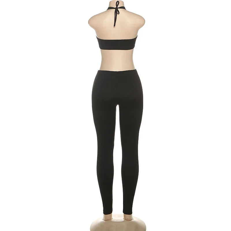 Women Sexy Black Cross Lace Up Halter Backless Skinny Jumpsuits Strapless Hollow Out Slim Night Club One Piece Overalls Rompers