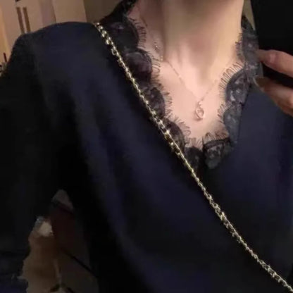 Matakawa Lace Ruffles Woman Sweaters V Neck Autumn Winter Flare Sleeve Solid Pullovers Korean Fashion Elegant Pull Femme