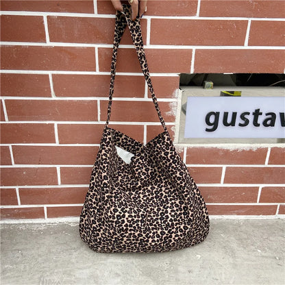 Women's Shoulder Bags Leopard Print Flower Fashionable Trendy Canvas Cross Bags Large Capacity Portable Shopping Shoulder Bags