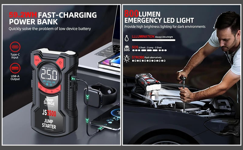Car Jump Starter Air Compressor With Power Bank Portable Electric Pump Auto Battery Booster 12V Jump Box With Flashlight